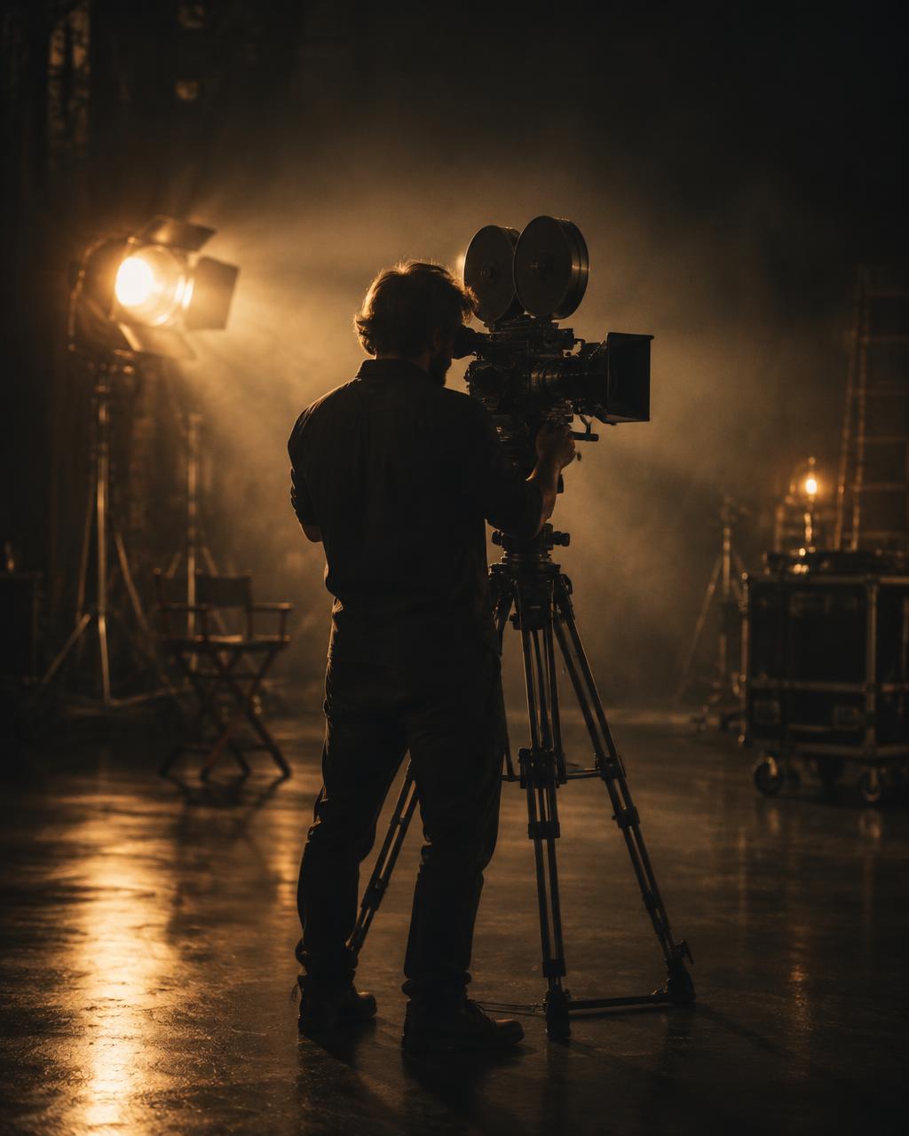 A lone cinematographer in a dark studio holding a vintage cinema camera, backlit by warm brass light